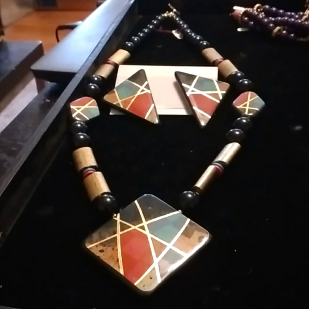 Geometric Ceramic Statement Set Necklace And Post… - image 1